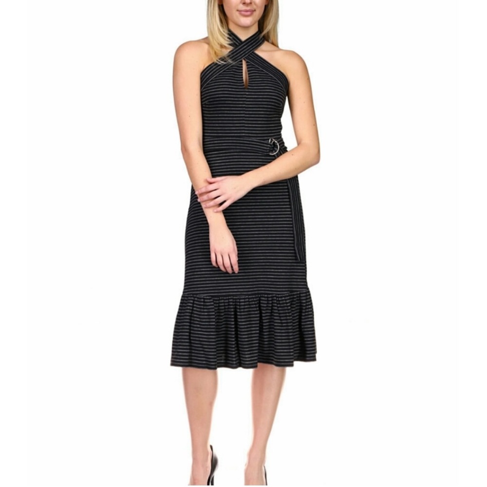 Michael Kors Belted Striped Halter Midi Dress Casual Stretchy Date Night Minimal